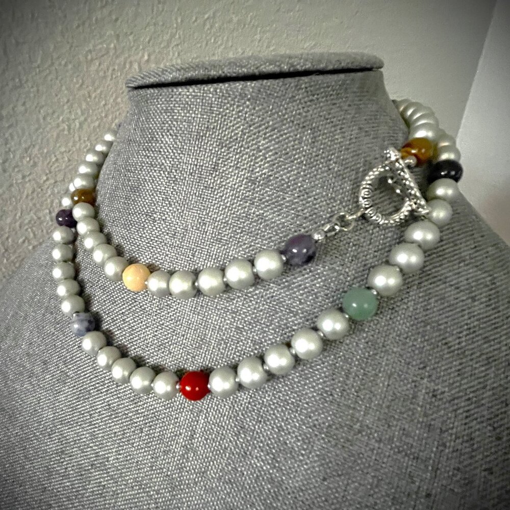 NEW Silver Pearls & Gemstones Necklace w/Silver Toggle Clasp 35" Long